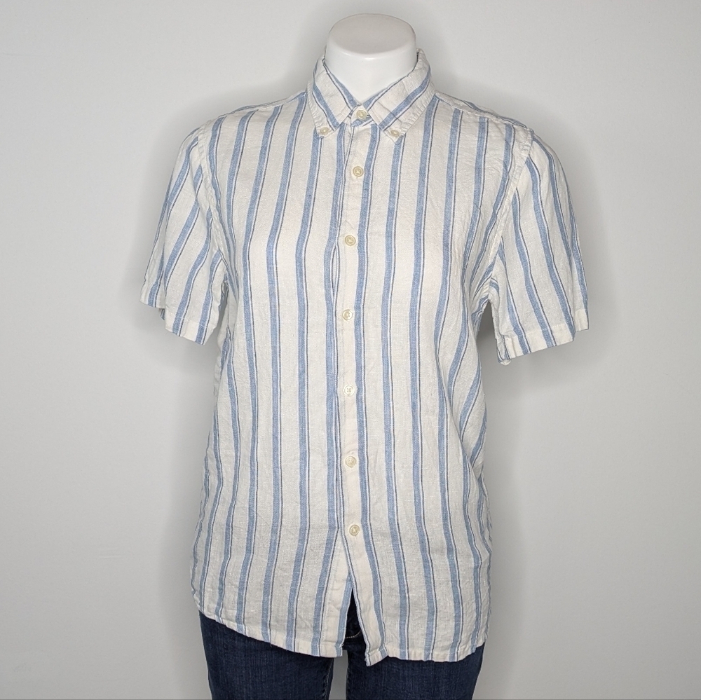 Abercrombie & Fitch Blue White Striped Short Sleeve Linen Button Up XS
